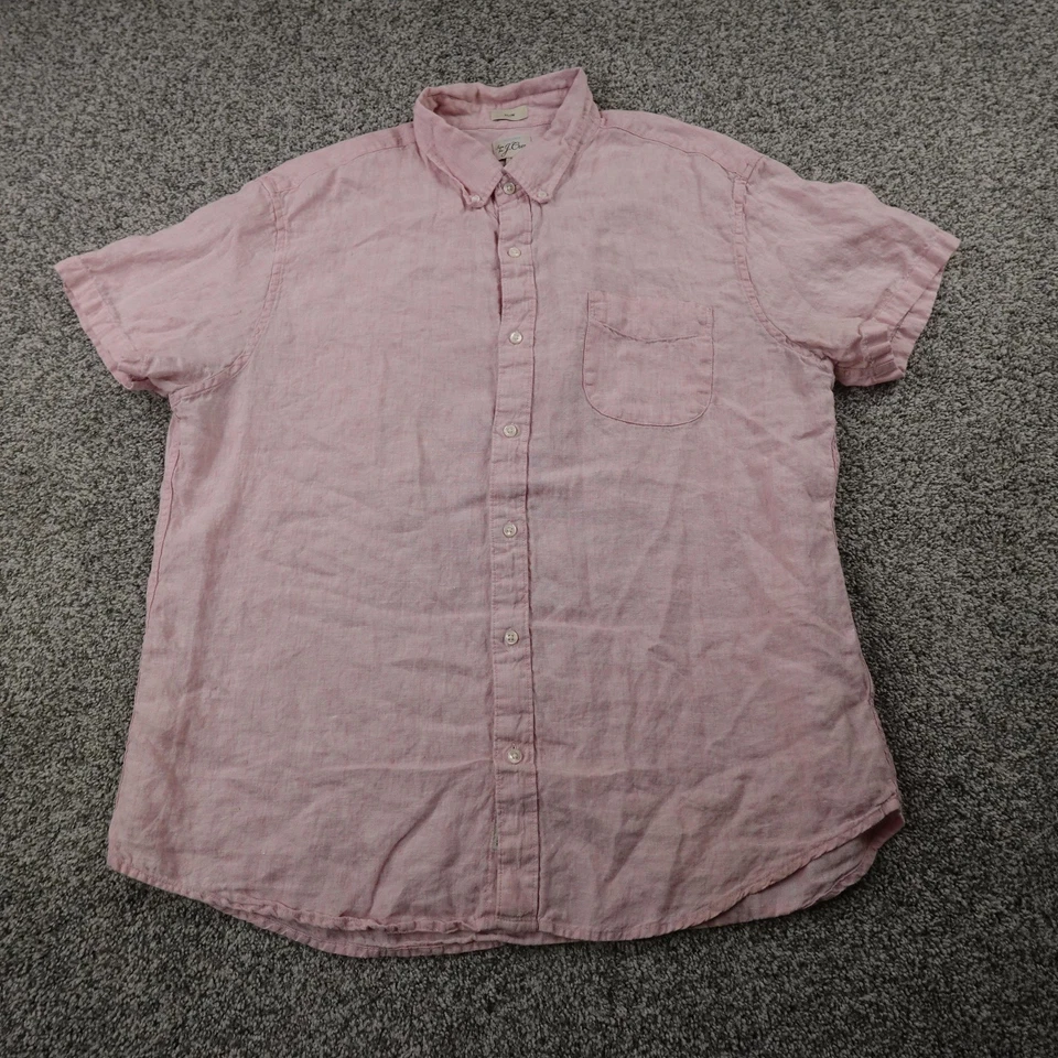 J Crew Shirt Mens XL Pink Red Irish Linen Chambray Short Sleeve Button Up Slim - Image 2 of 4