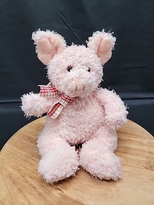 Russ Berrie Pixie Pig Plush Stuffed Animal Fuzzy with Plaid Ribbon 9''