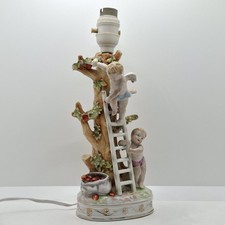 German Porcelain Cherub Table Lamp Apple Harvest Hand Painted 1950s Vintage