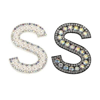Iron on Decorative Letter S Black White Patch Glitter Pearl English Letter 2Pcs