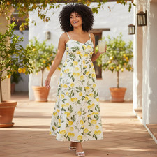 Sleeveless Lemon Print Midi Summer Dress Size 2X Feminine Romantic