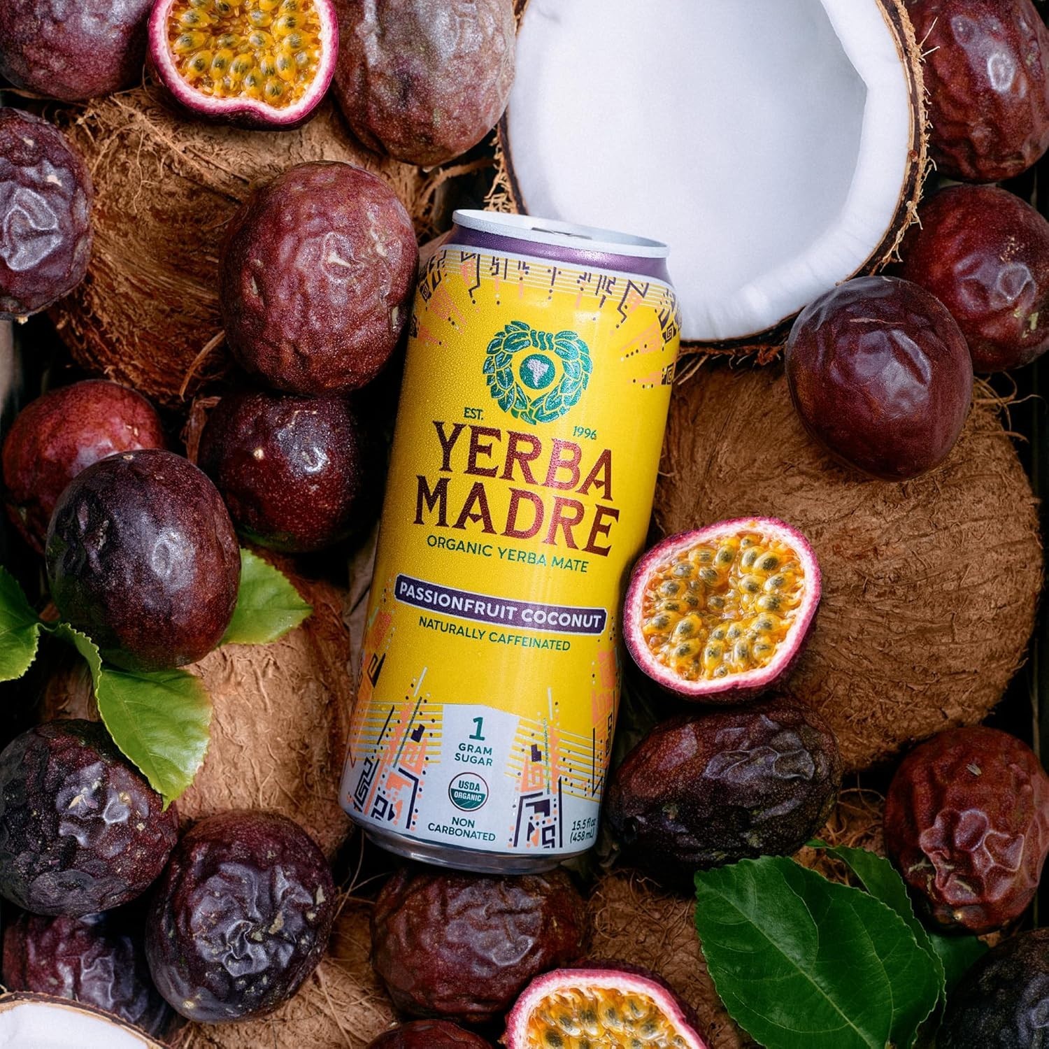 Yerba Madre Organic Yerba Mate, Passionfruit Coconut, 15.5oz Cans (Pack of 12)