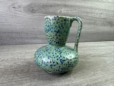 Vtg 40s Pottery Bulbous Pitcher Vase Green Slip Flecked Blue Brown