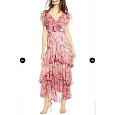WAYF Chelsea Floral Tiered Ruffle Maxi Dress Pink Purple V-Neck High-Low Size S