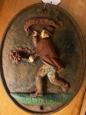 Presumed Cast Iron Fire Insurance Plaque Fireman with Trumpet Paint Rust AF