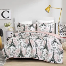 2/3 PCS Kids Bedspread Set Eiffel Tower & Floral Paris Design,