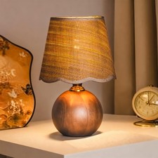 11.4" Modern Wooden Bedside Table Lamp, Small Nightstand Desk Lamp with Fabri...