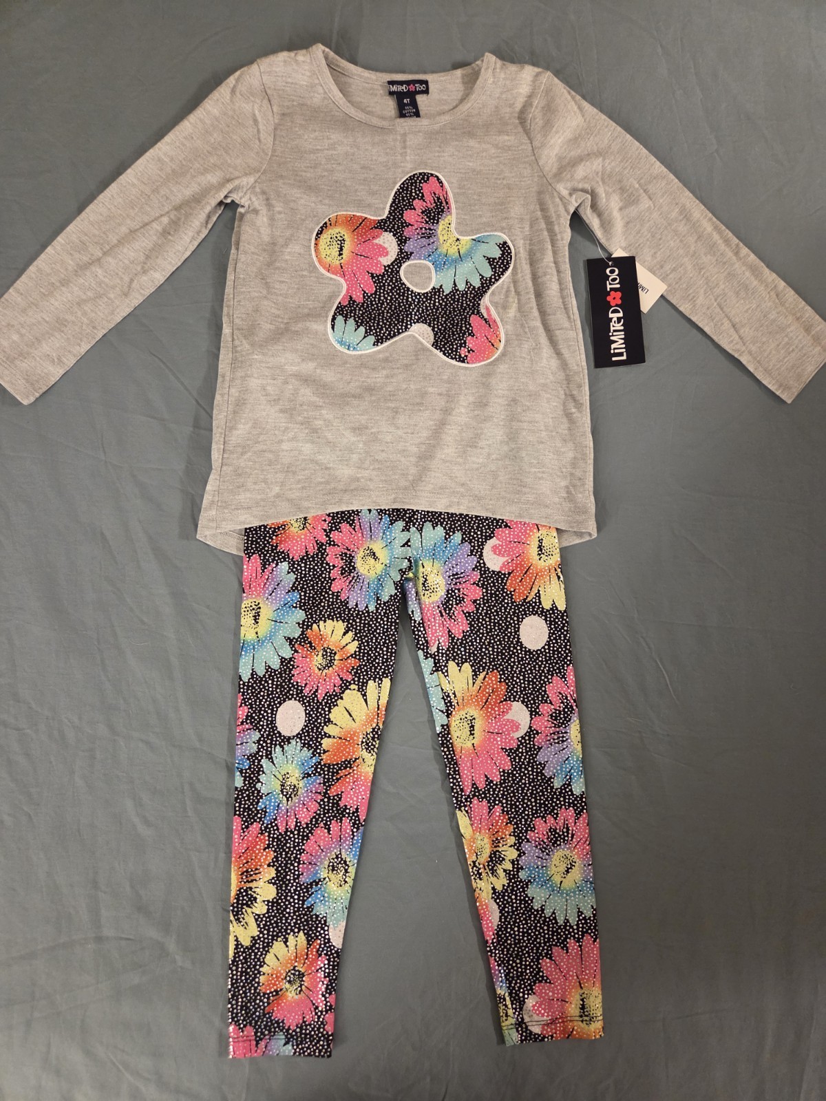 Limited Too Girls 3T 2PC Outfit Set NWT Gray Top Floral Leggings Sparkle 3T