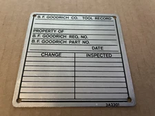 Vintage B.F. GOODRICH Tire Co Aluminum Metal Sign Tag TOOL RECORD Akron OH #21