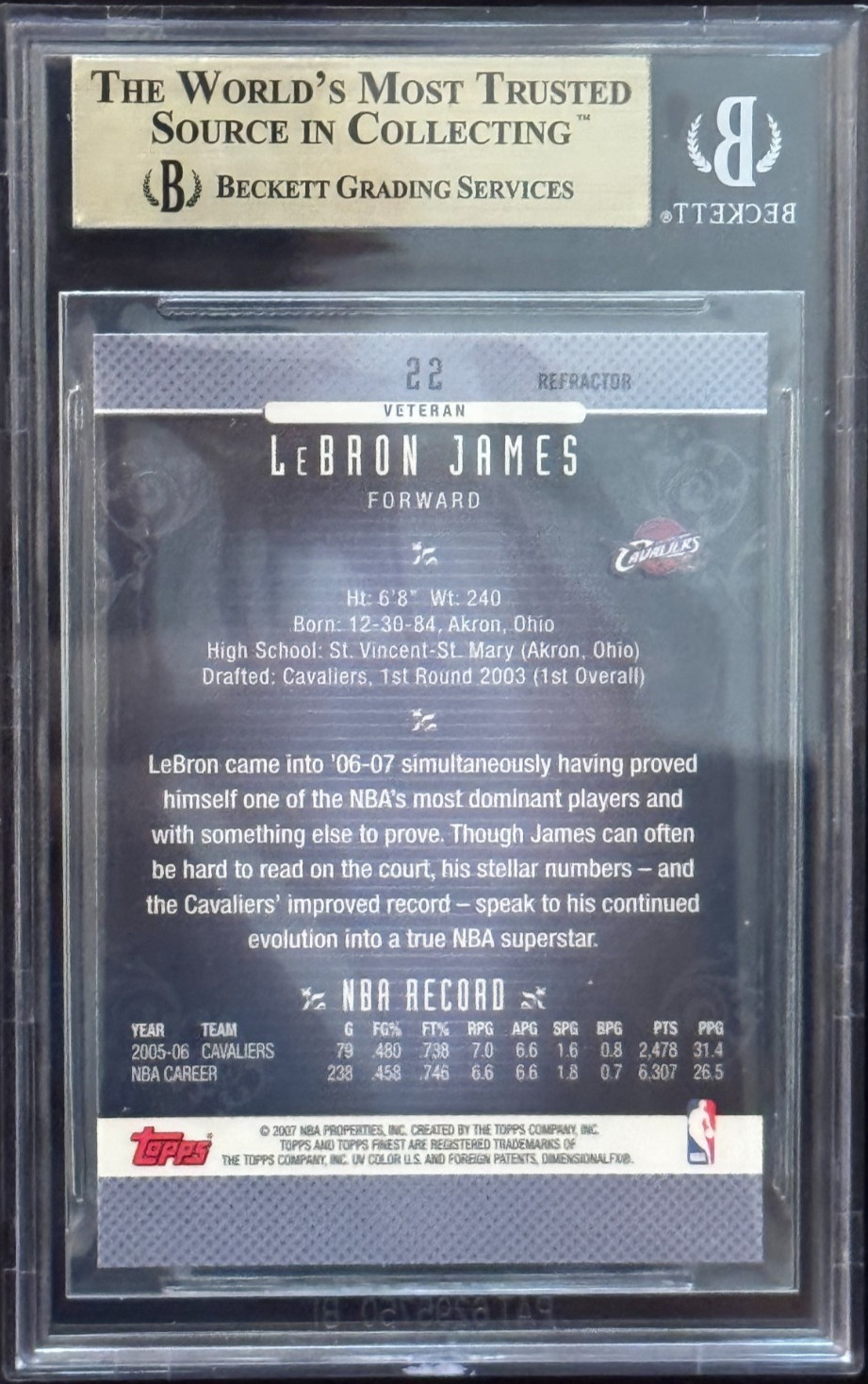 2006-07 LeBron James #22 Topps Finest Red  Refractor BGS 9.5 GEM MINT - TRUE GEM view 2