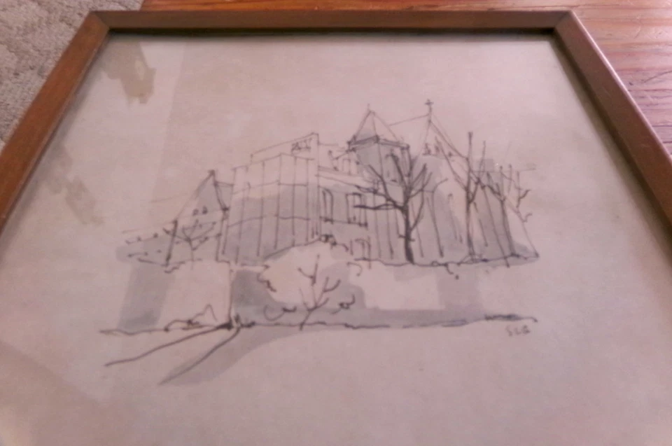 Dibujos originales vintage de catedral a pluma y tinta - Cuadrado 9,5" - Enmarcado profesional Foto 4 de 4