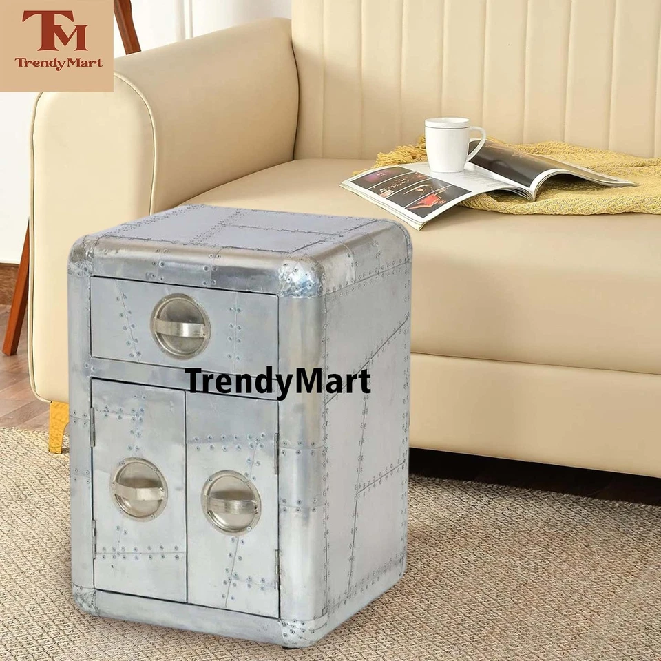 Mesita de noche de aviador | Mesita de noche industrial de aluminio con cajón Foto 2 de 4