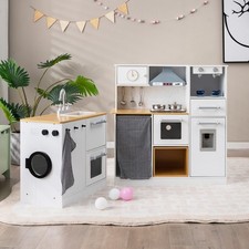 Kids Kitchen Playset Wooden Play Kitchen Toy W/ Light Sound,Stove,Stool,Icemaker