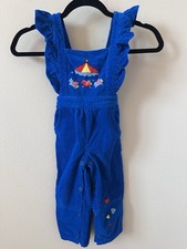 Vintage Blue Corduroy Overalls Ruffled Straps W/ Carousel embroidery 24 mos