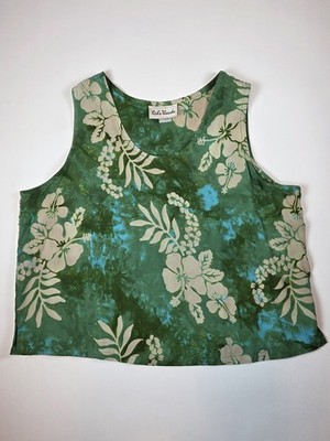 Reds Threads Womens Sleeveless Top XL Rayon Hawaiian Green Boxy Fit Tropical