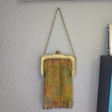 Vintage 1920s Art Nouveau Deco Gold Metal Mesh Enamel Purse Whiting Davis