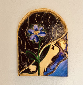 Handmade Arch Ceramic Decorative Tile, Floral Pattern, Black Gold Blue, Glossy