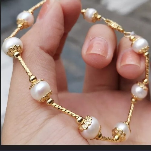 Beautiful 7.5-8" AAA++ Natural AKOYA White Round Pearl Bracelet 14k Gold P Clasp - Picture 2 of 7