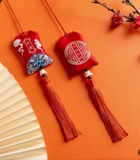 Lucky Bag Car Charm, New Year Decor, Red Chinese Embroidered Sachets