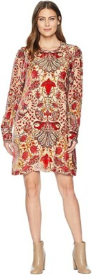 HALE BOB Odile Medallion Silk/Rayon Velvet Burnout Beaded Dress Women Sz L Beige