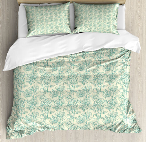 Green Duvet Cover Set with Pillow Shams Botanical Floral Vintage Print - Picture 1 of 8