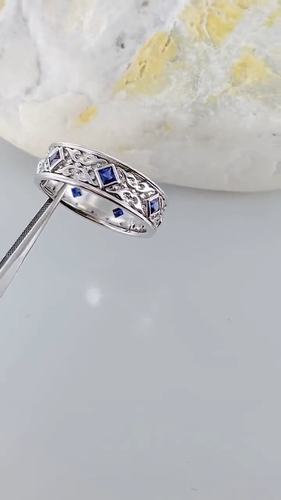 Einzigartiger Princess Cut Lab Created Saphir keltischer 925 Silber Versprechen Ring für Ihn - Video 1 von 1