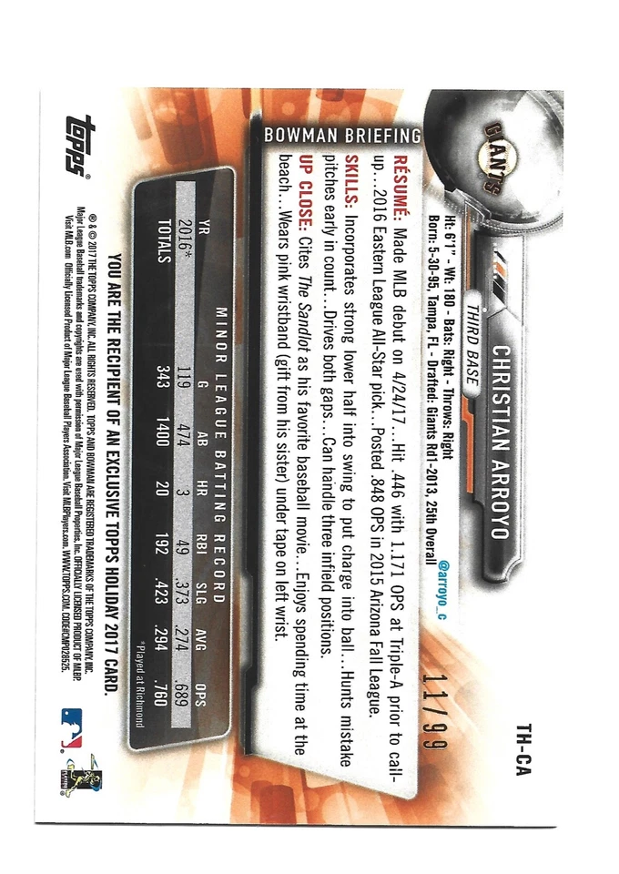 /99 Green Sweater 2017 Topps Holiday Bowman #TH-CA Christian Arroyo Baseball - Image 2 of 2