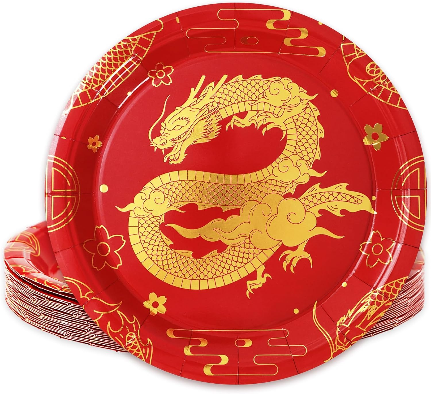 24Pcs Chinese New Year Paper Plates Gold Foil Dragon Disposable Plates Red Gold
