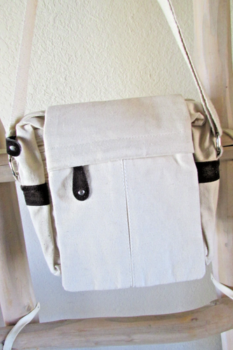 NEW HANDMADE OFF WHITE ORGANIC COTTON CANVAS FLAP COVER MULTI-POCKETS S X-BODY