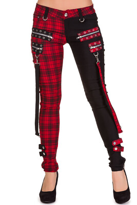BANNED rot kariert halb schwarz Goth Emo Punk Bondage Rockabilly Jetsetter Hose