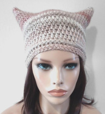 crochet womans handmade hat kitty cat ears beanie cabana brown new USA made
