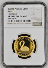 ?Only 188 Minted! RARE! 2021 Australia $100 1Oz Gold Swan High Relief NGC PR70 3023.75 per troy oz
