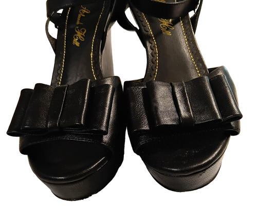 Alannah Hill Size AU 7 EU 38 Black Leather Peep Toe Platform Wedge Bow Sandals - Picture 6 of 8