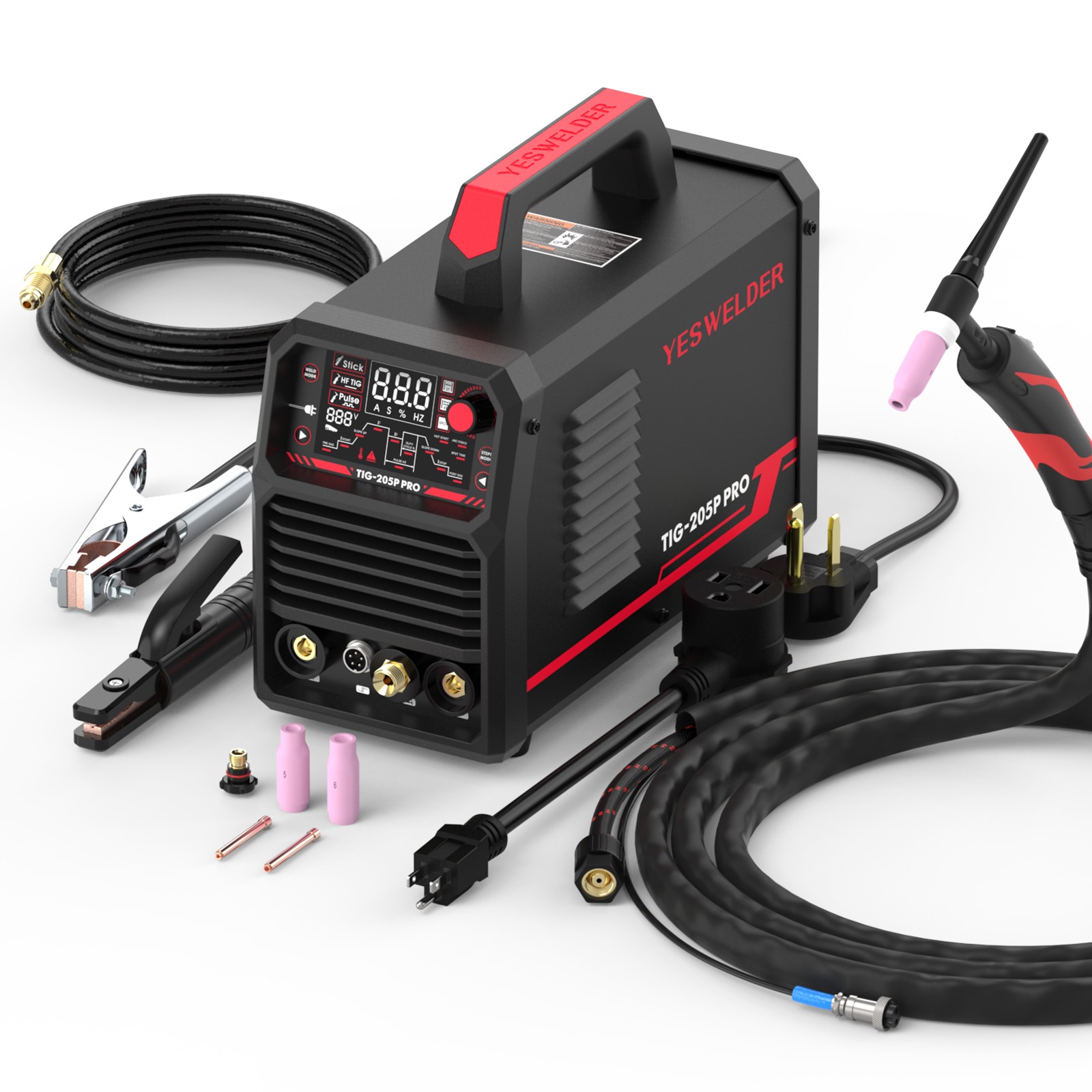 205A Pulse TIG Welder with Large LED Display, 3-in-1, Dual Voltage 110V/220V