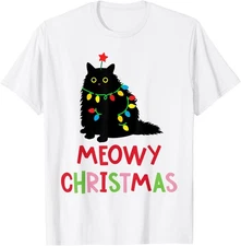 Meowy Christmas Funny Black Cat Christmas Lights Cat Lovers T-Shirt