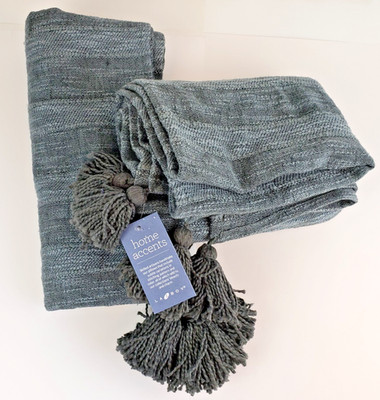 2NEW Lazboy Home Accents Throw Blanket Tassel Gray 40x60 Cotton Linen Woven Boho