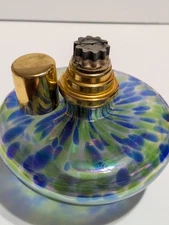 La-Tee-Da Effusion Fragrance Oil Lamp Blue Green Iridescent Spots Art Glass
