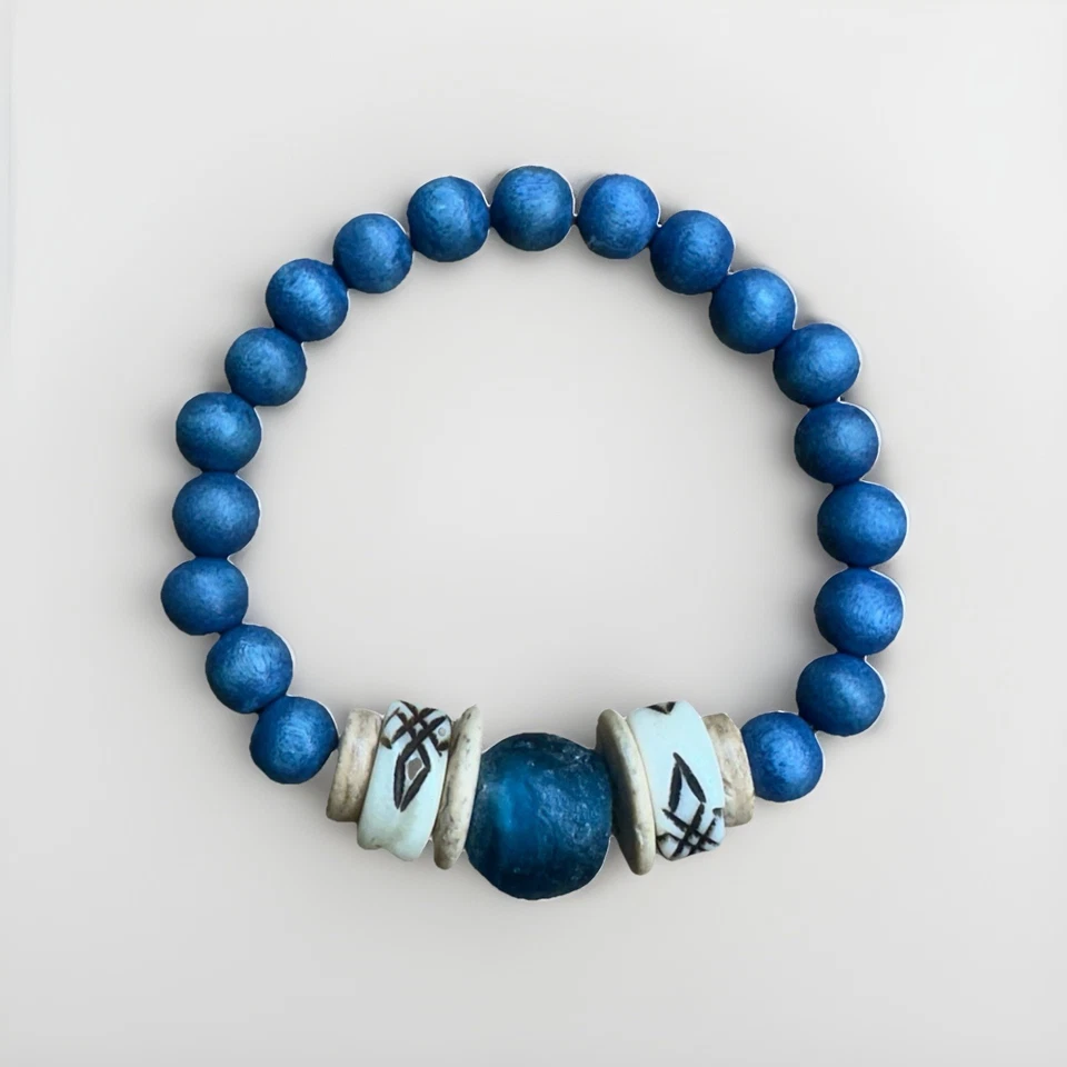 "Pulsera TWINE & TWIG 8"" Azul Cuentas Vidrio Elástico Madera Cerámica Boho Joyería" Foto 3 de 3