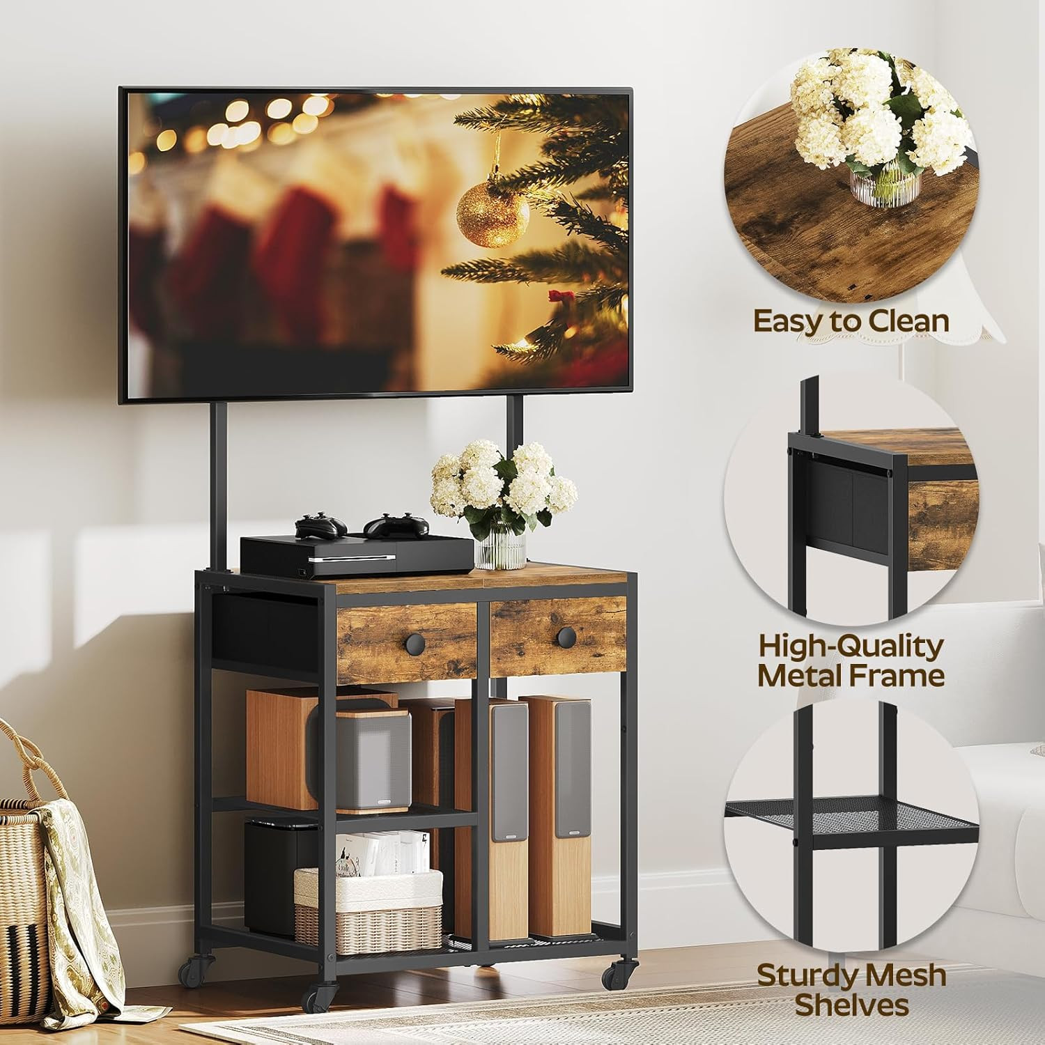 Rolling Corner TV Stand with Mount for TVs up to 50 Inches - Rustic Brown