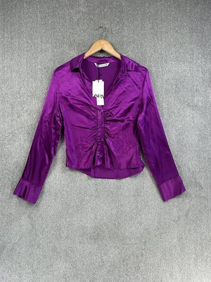 Zara Bluse Damen Größe L Lila Satin Rüschen Langarm Oberteil Shirt Crop