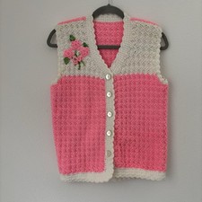 Vtg Handmade Crochet Vest Fits Womens Small Pink White Flower Granny Cottagecore