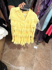 Badgley Mischka Lace Chiffon Pleated Yellow Long Sleeve Romper sz 2 Sample $500