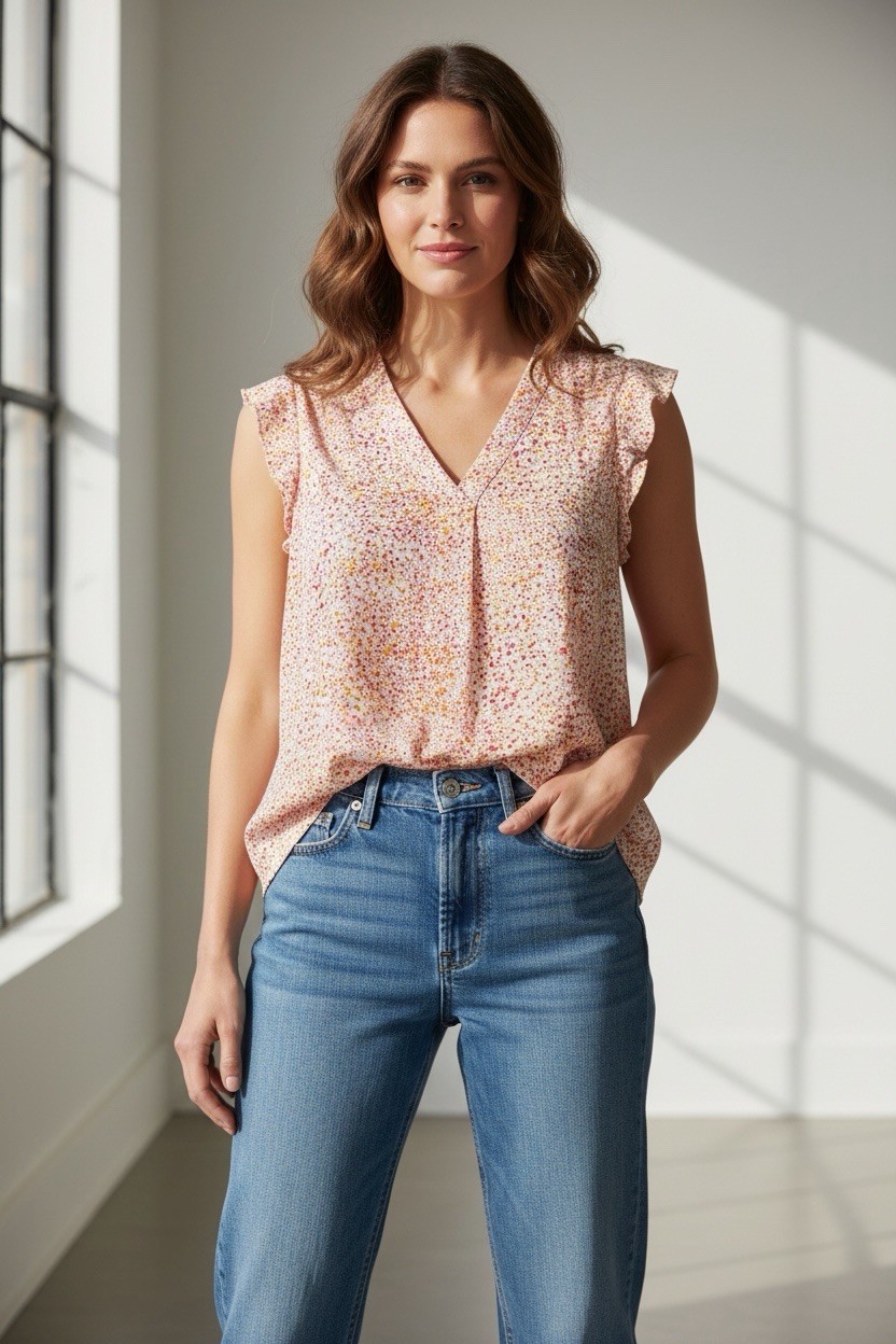 Adrienne Vittadini Top Women’s Size S Dots Confetti Short Sleeve Blouse V Neck