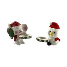 Christmas Candle Rings Climber Huggers Vintage Lenox Bisque Porcelain Mouse Bird