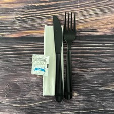 Set of 40 Black Plastic Cutlery Kit-Knife Fork Napkin Salt Pepper Party Camping 