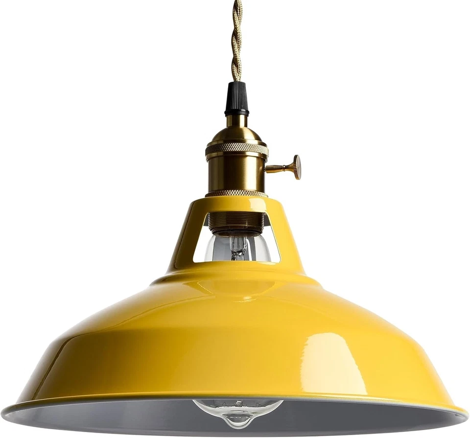 Lámpara colgante enchufable vintage con cable colgante ajustable de pantalla de granero amarillo Foto 3 de 4