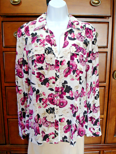 Weißes Haus Schwarzmarkt Seidenbluse Knopfrolle Tab Langarm Blumenmuster Pink 12