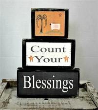 Count Your Blessings Primitive Rustic Farmhouse Stacking Blocks Wooden Sign Set