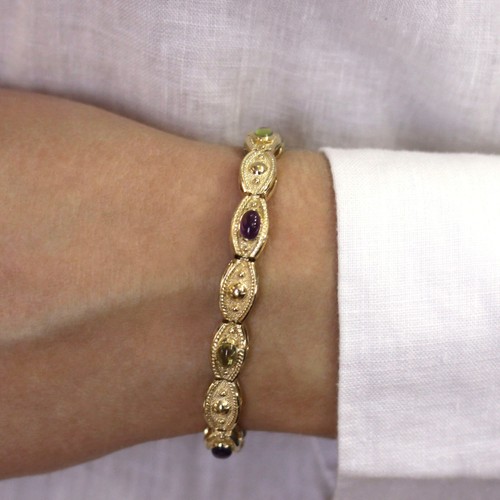 3 ctw Natural Purple Amethyst & Green Peridot Solid 14k Yellow Gold Bracelet 7" - Picture 6 of 10