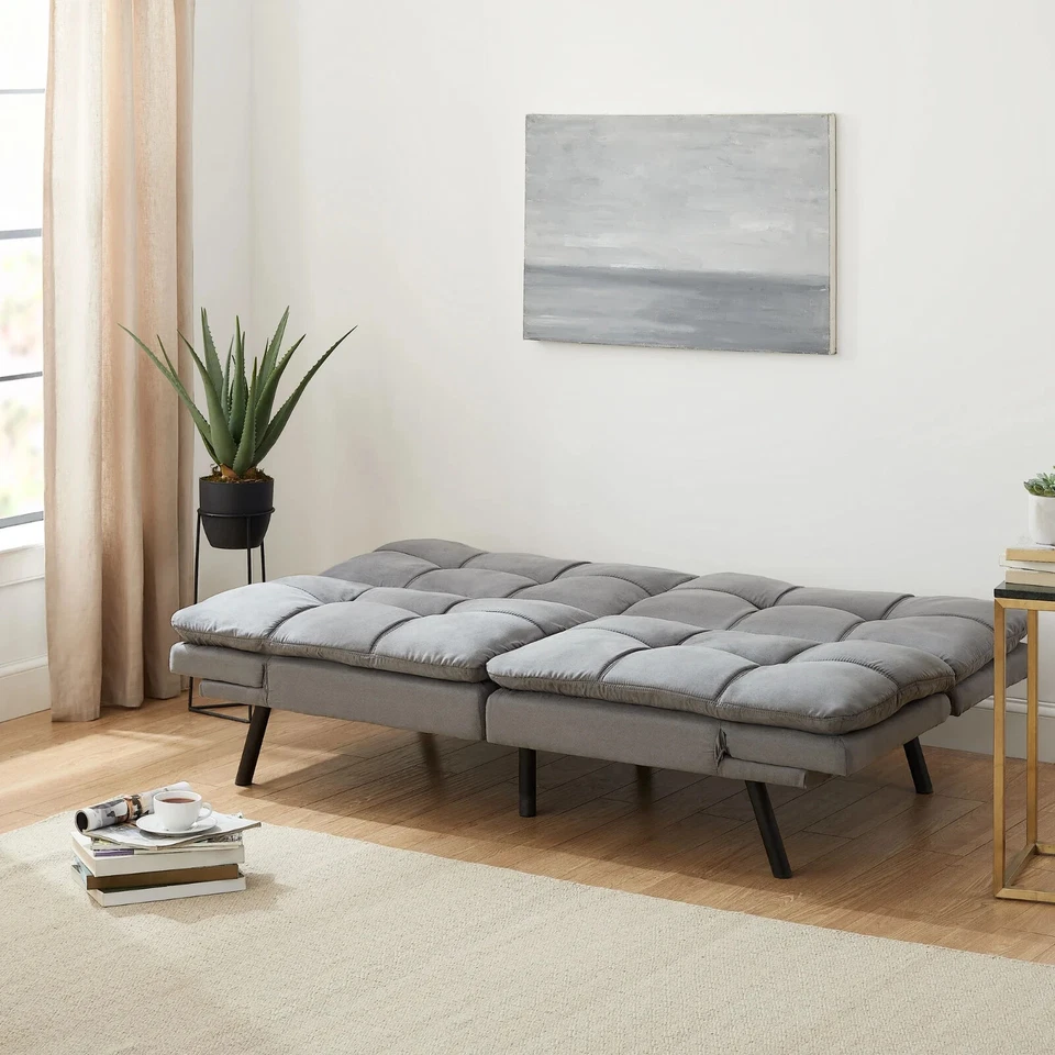 Memory Foam Futon w/Adjustable Armrests, Converts to Sleeper, Gray Faux Suede - Image 2 of 4